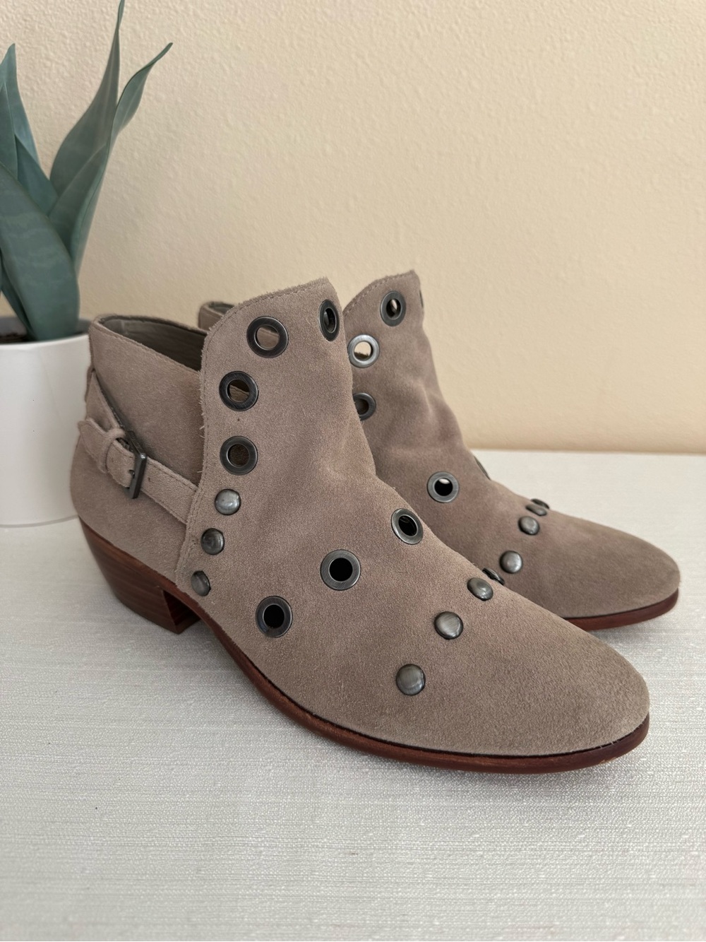 Sam Edelman Suede Ankle Booties with Studd Grommet Detail in Taupe - Picture 3 of 14